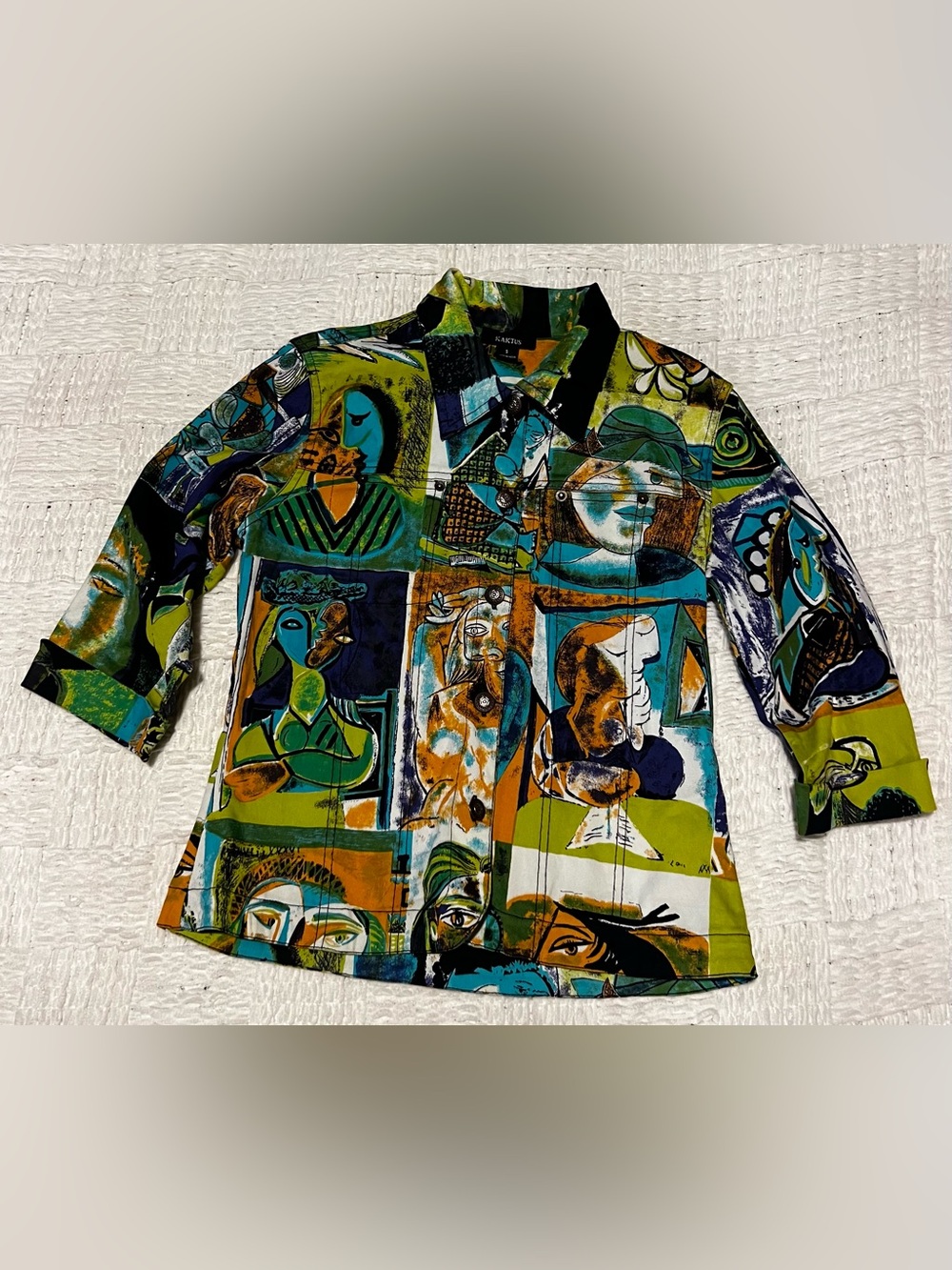 Kaktus Women's Abstract Art Print Blazer Jacket - Green/Blue/Orange